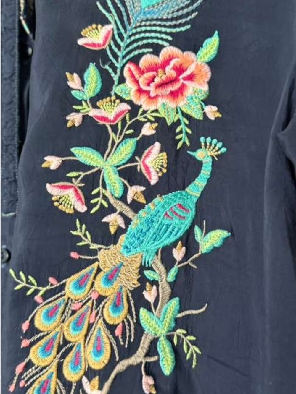 Johnny Was Navy Embroidered Floral & Peacock Blouse - Picture 5 of 7